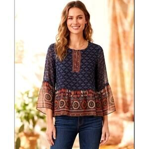 JOIE Hakima Navy Blue Orange Silk Peplum Boho Blouse Top size Small